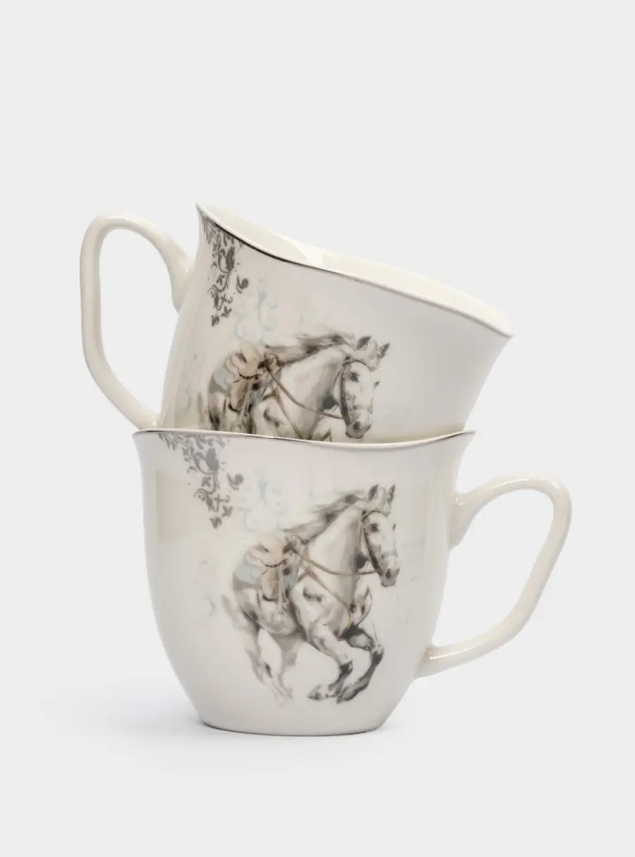 Кружка, 320 мл, 2 шт, фарфор N, белая, с серебристым кантом, Конь, White horse ,image-0