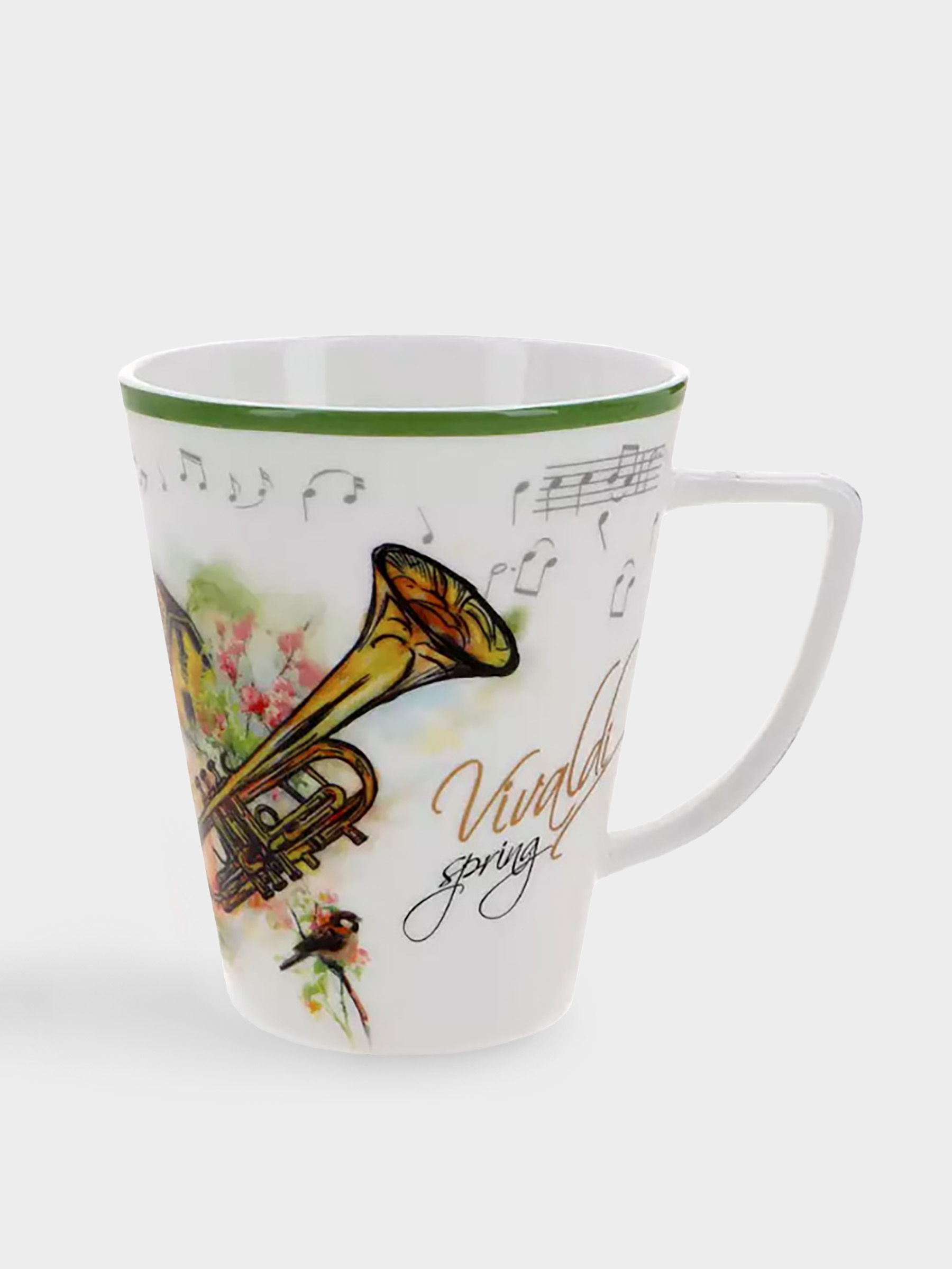 Кружка, 380 мл, фарфор F, белая, с зеленым кантом, Весна, A. Vivaldi, image-0