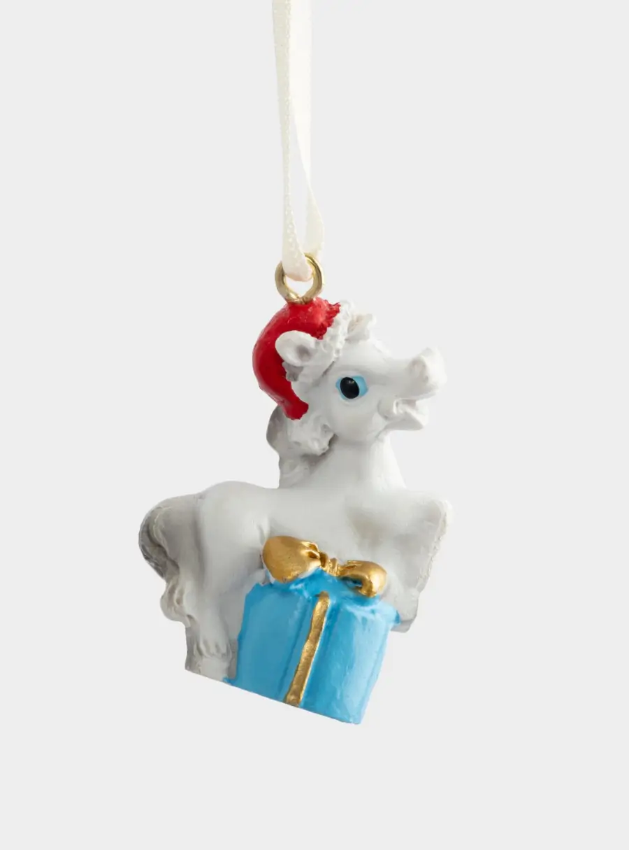 Игрушка елочная, 4 см, полирезин, бело-голубая, Лошадка с подарком, Bright horse ,image-2