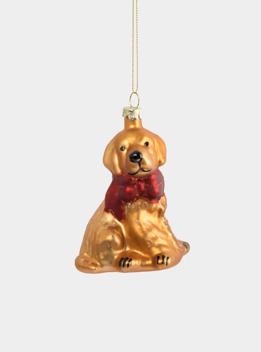 Игрушка елочная, 7х9 см, стекло, золотистая, Собака с бантом, New year ,image-0