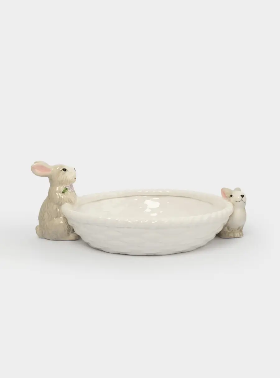 Ваза для фруктов, 26х6 см, керамика, молочно-серая, Кролики с корзинкой, Brown Rabbit ,image-0