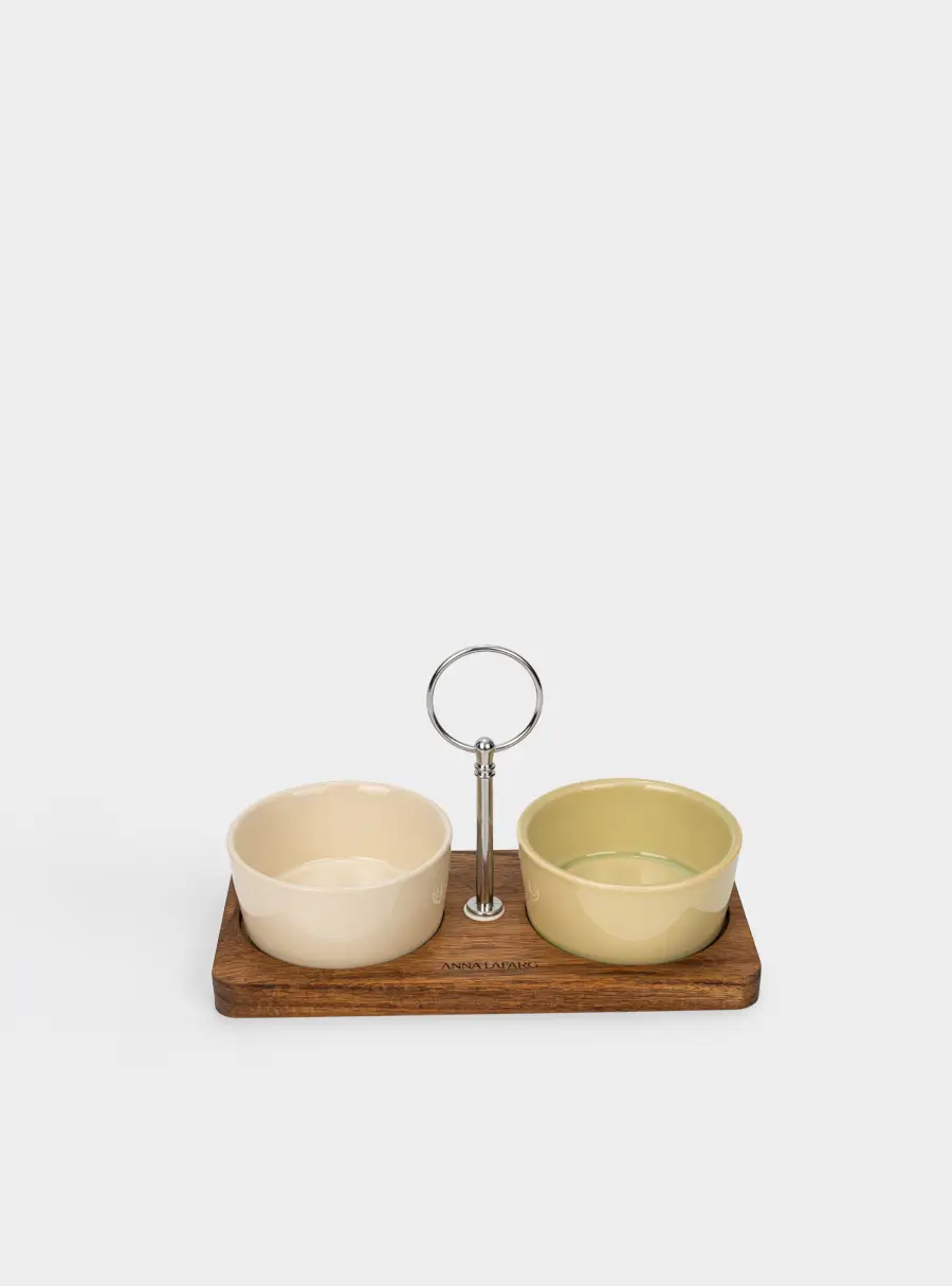 Набор для закусок, 2 пр, на подставке, с ручкой, керамика K/дерево, молочный/зеленый, Timber ,image-1