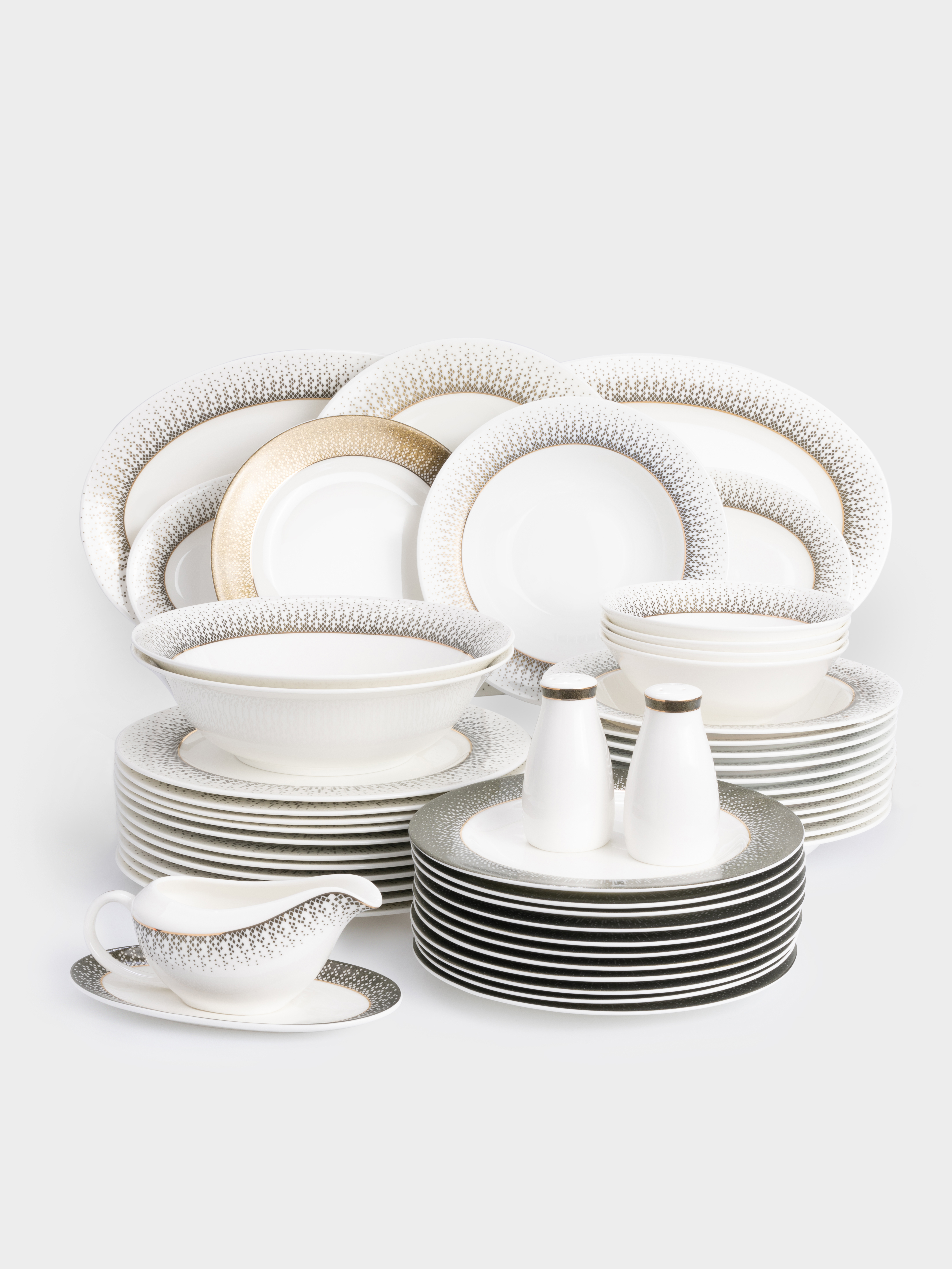 Сервиз обеденный, 12 перс, 50 пр, фарфор F, бело-зеленый, с золотистым кантом, матовый, Virtus, image-1