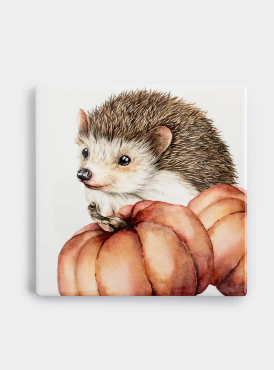 Подставка под кружку, 11 см, квадратная, керамика/пробка, белая, Еж Autumn forest ,image-0