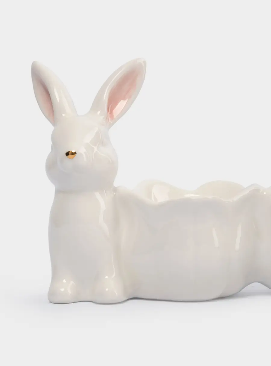 Блюдо пасхальное, 20х9 см, 3 отд, керамика, молочно-золотистое, Кролики с цветами, White Rabbit ,image-2