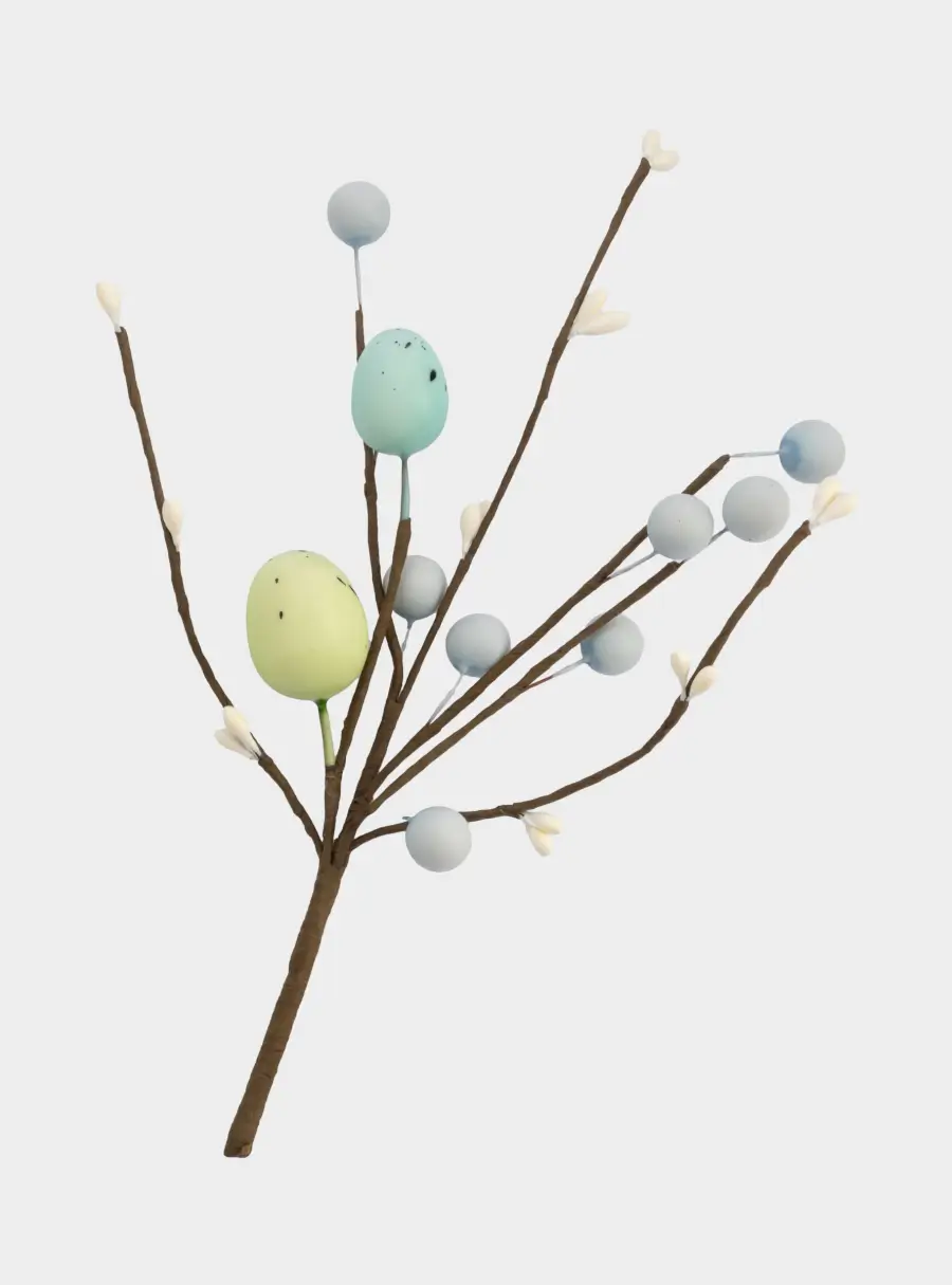 Ветка декоративная, 20 см, пенопласт/бумага, Ветка с зелеными яйцами, Interior Easter ,image-1
