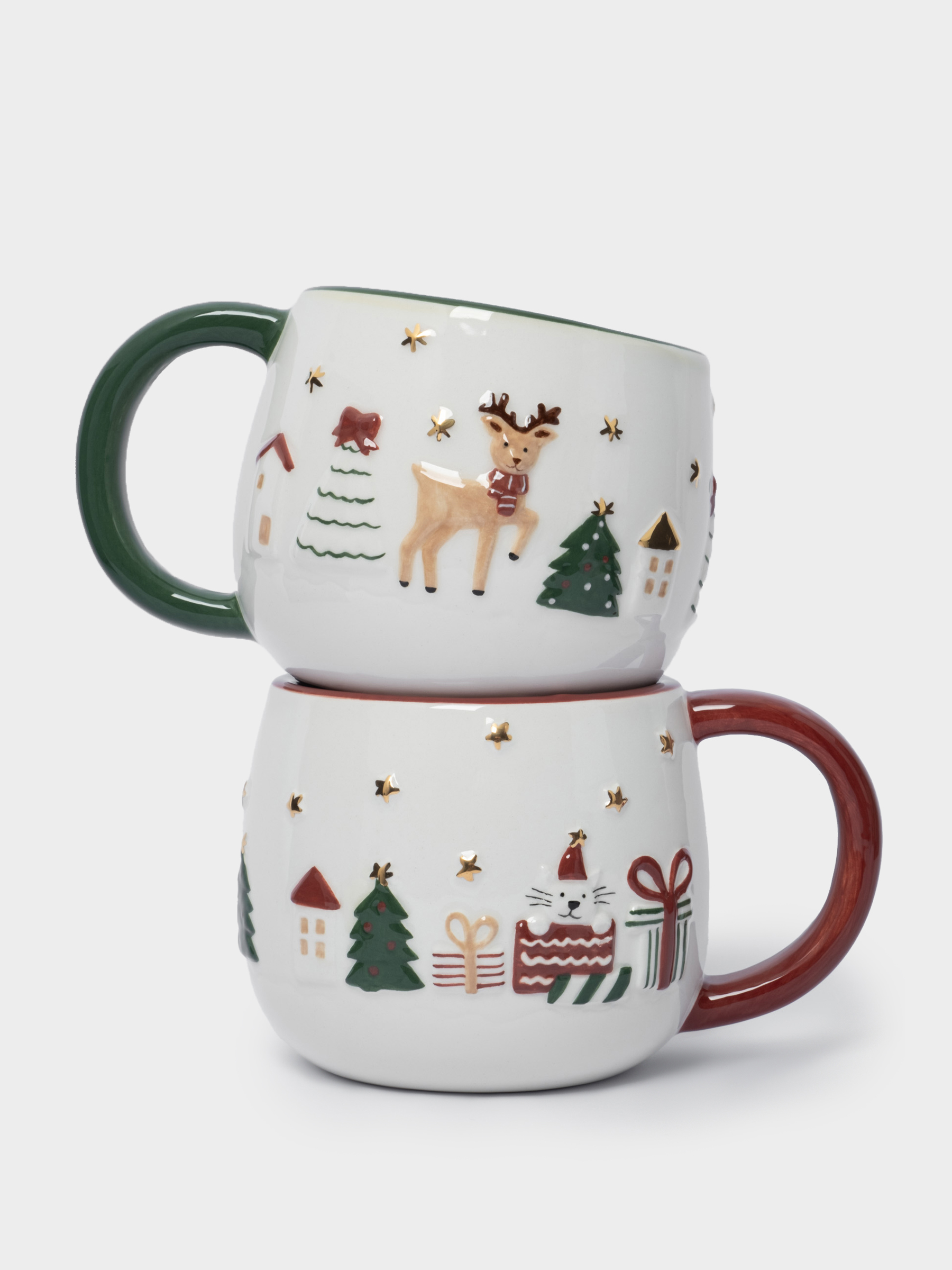 Кружка, 400 мл, 2 шт, керамика, зеленая/красная, Олень и Кот, New year, image-0
