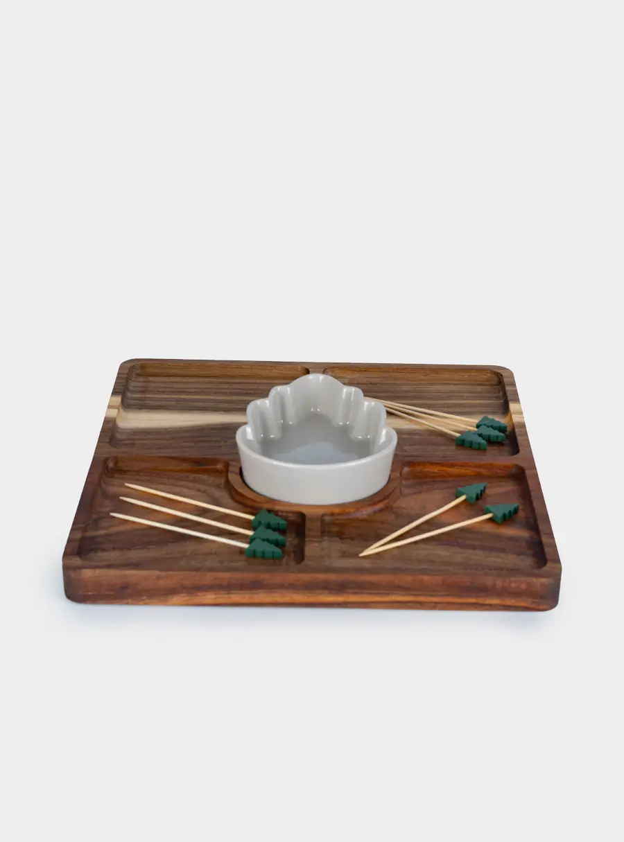 Менажница, 25 см, 4 отд, с пиалой, со шпажками, дерево/керамика, Шишка ,image-1