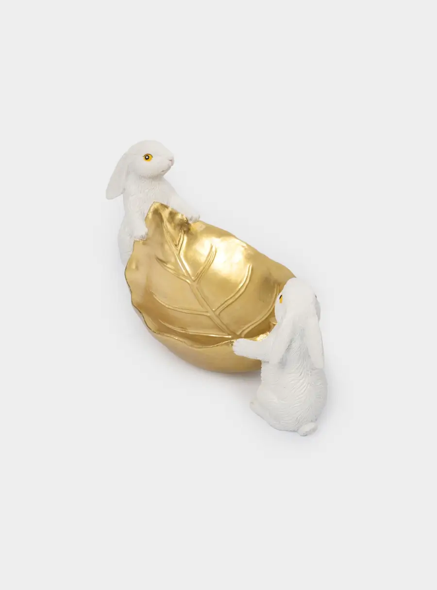 Блюдо декоративное, 22х10 см, полирезин, молочно-золотистое, Кролики с листом, White Rabbit ,image-3