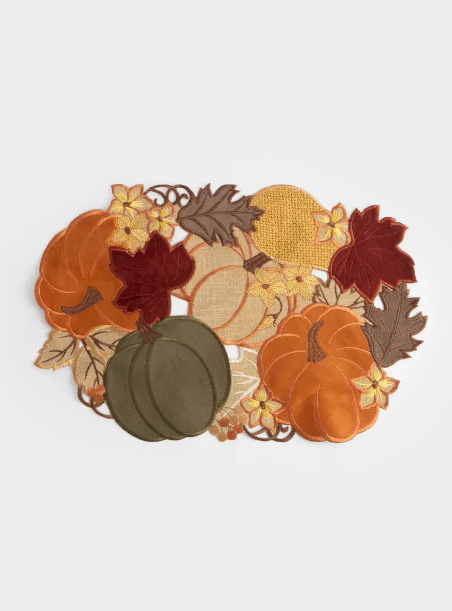 Салфетка под приборы, 30х45 см, полиэстер, овальная, бежевая, Тыквы в листьях, Bright pumpkin