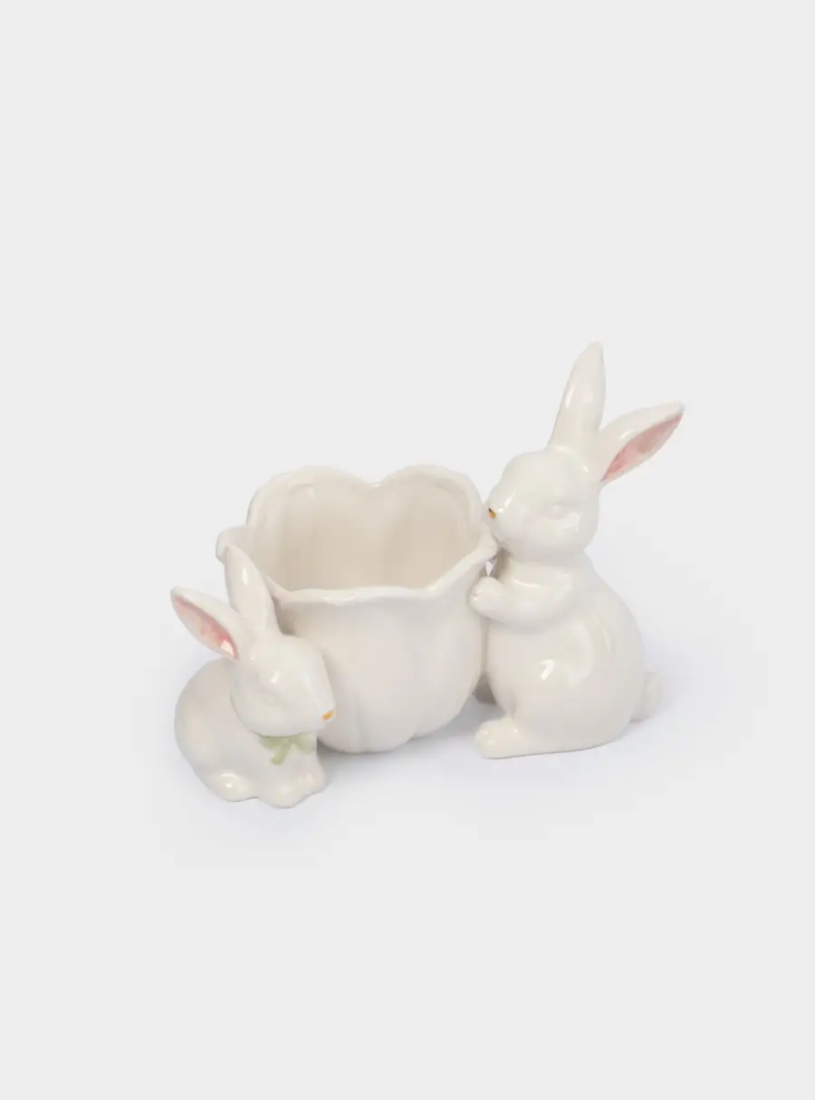 Конфетница, 19х15 см, керамика, молочно-золотистая, Кролики с цветком, White Rabbit, image-4