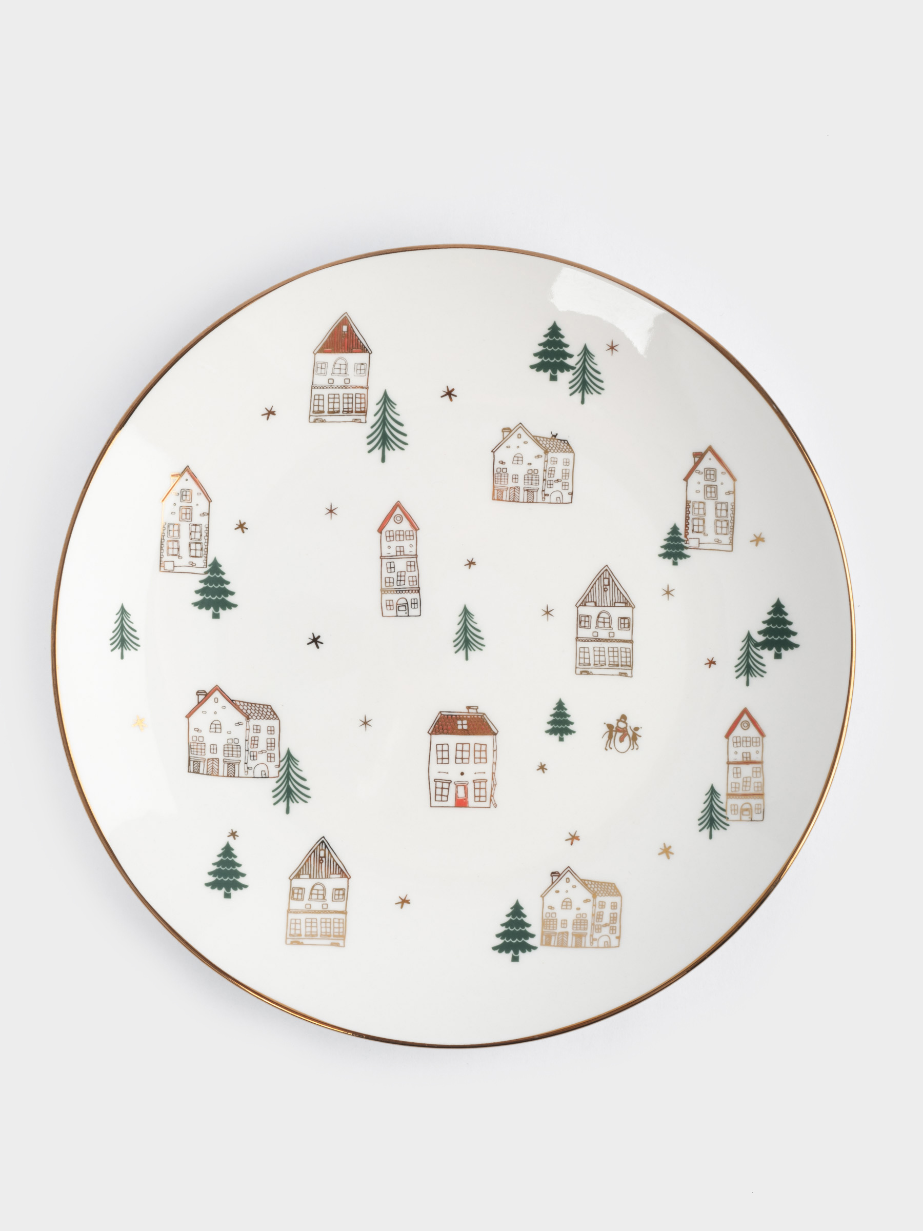 Тарелка закусочная, 19 см, 4 шт, фарфор N, бело-золотистая, Домики и ели, Townlet, image-2