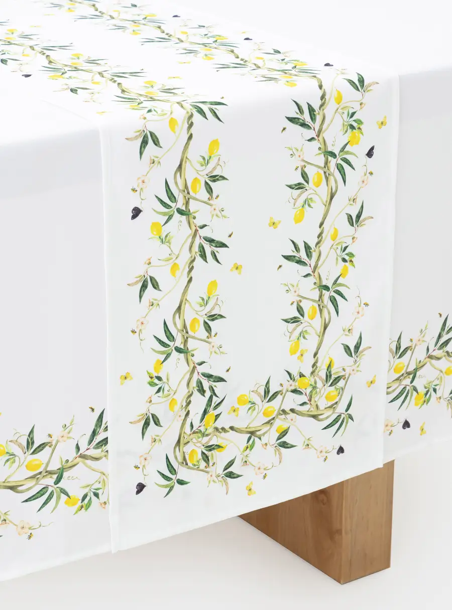 Дорожка настольная, 40х160 см, полиэстер, белая, Лимоны на ветках, Lemon branch ,image-0