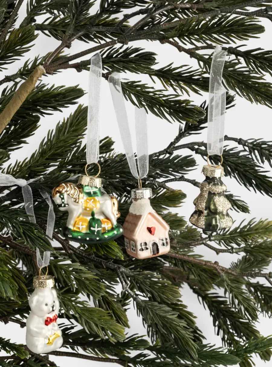 Набор елочных игрушек, 4 см, 4 шт, стекло, с блестками, Мишка/Домик/Лошадка/Елка, New year, image-6