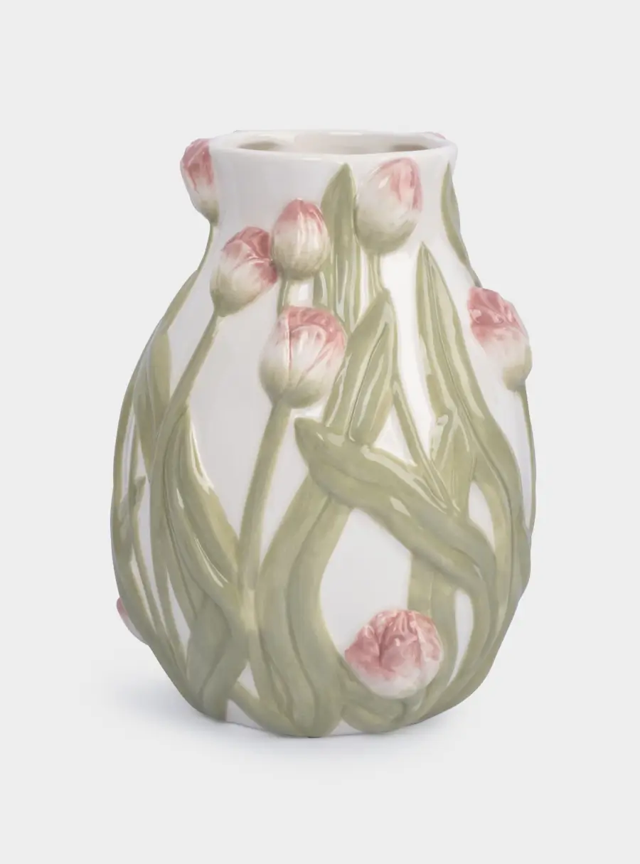 Ваза для цветов, 19 см, керамика, молочная, Розовые тюльпаны, Tulip ,image-0