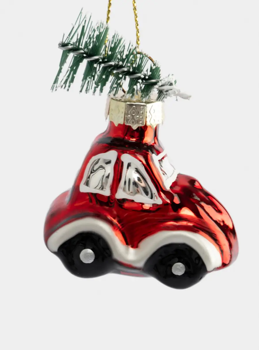 Игрушка елочная, 4х6 см, стекло, красная, Машина с елкой, New year
