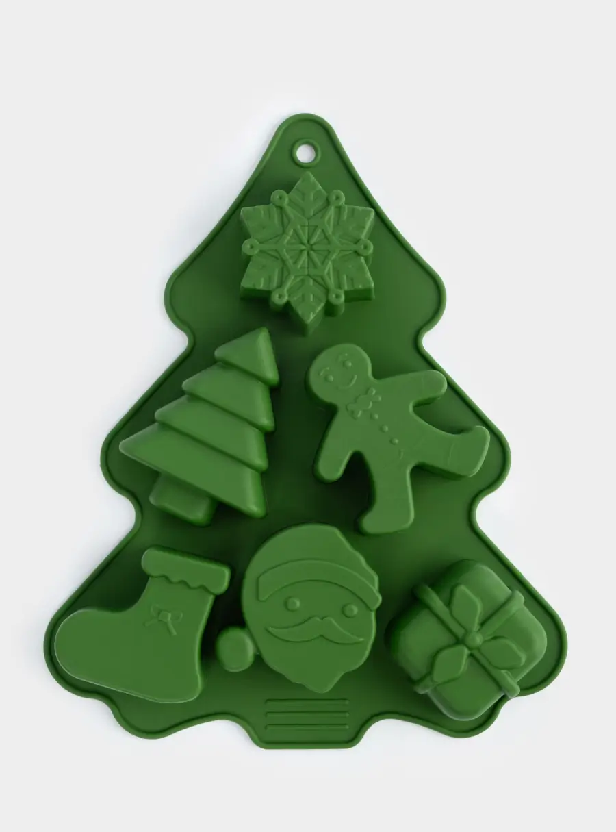 Форма для выпечки кексов, 23х18 см, 6 отд, силикон, зеленая, Елка, Muffin ,image-0