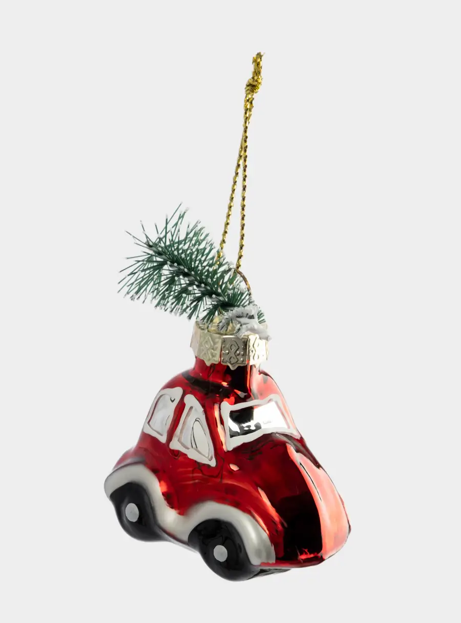 Игрушка елочная, 4х6 см, стекло, красная, Машина с елкой, New year, image-1