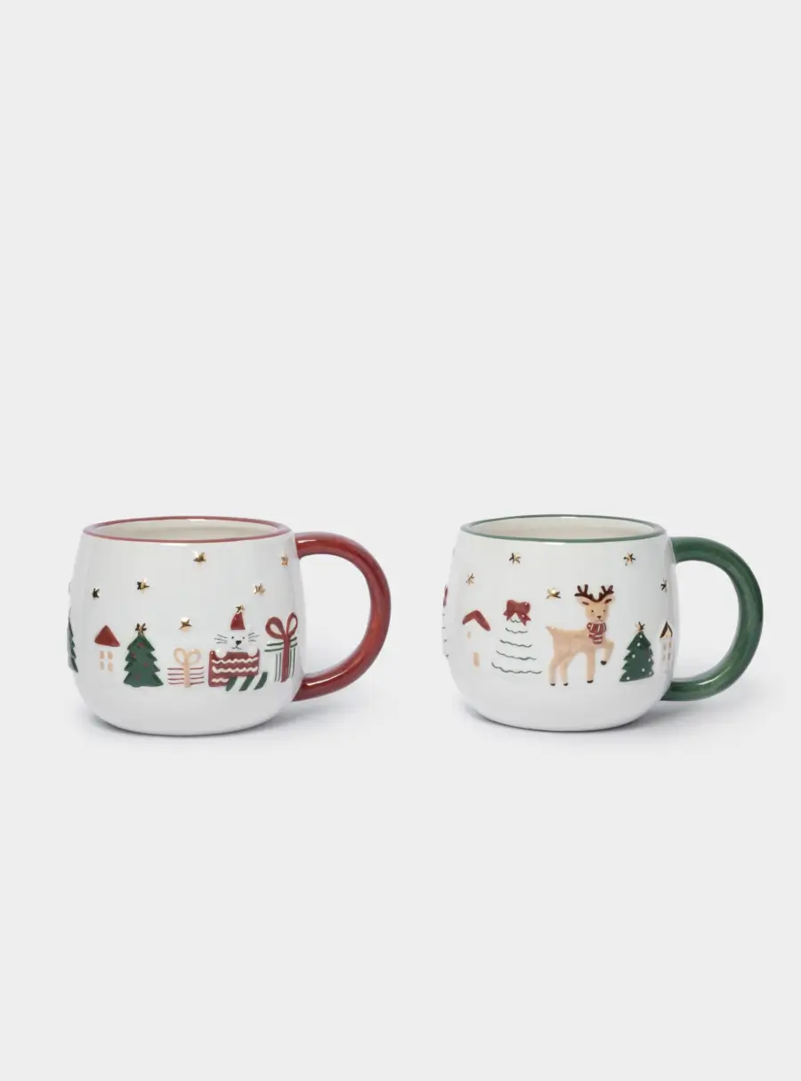 Кружка, 400 мл, 2 шт, керамика, зеленая/красная, Олень и Кот, New year, image-1