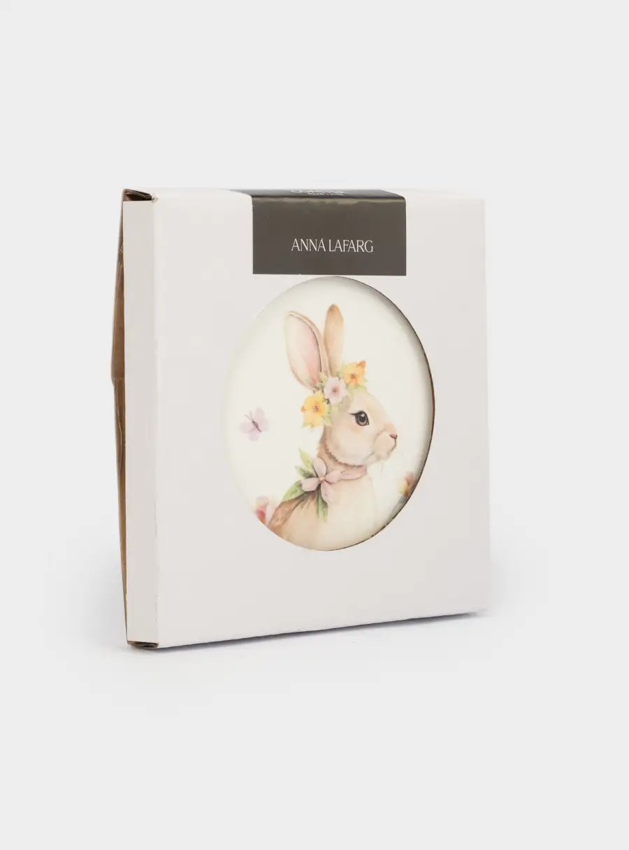 Подставка под кружку, 11 см, круглая, керамика/пробка, белая, Кролик с венком в цветах, Easter rabbit, image-5