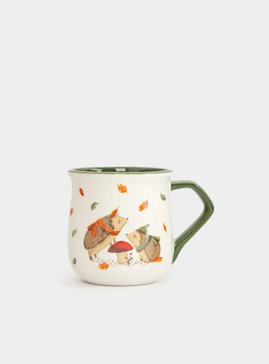 Кружка, 400 мл, керамика D, бело-зеленая, Ежи у гриба, Autumn friends ,image-0