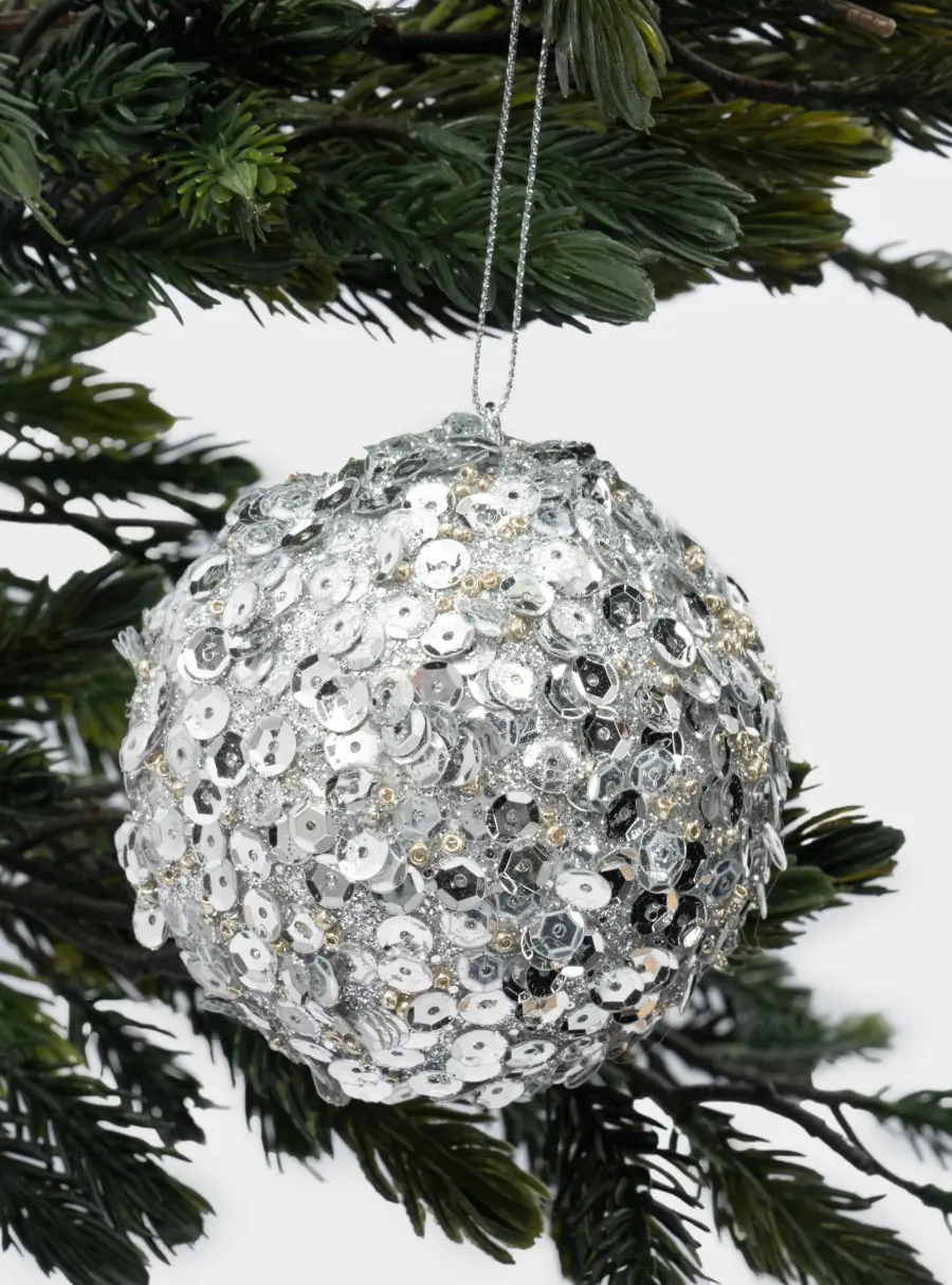 Игрушка елочная, 8 см, пластик, серебристая, Шар с пайетками, New year, image-2