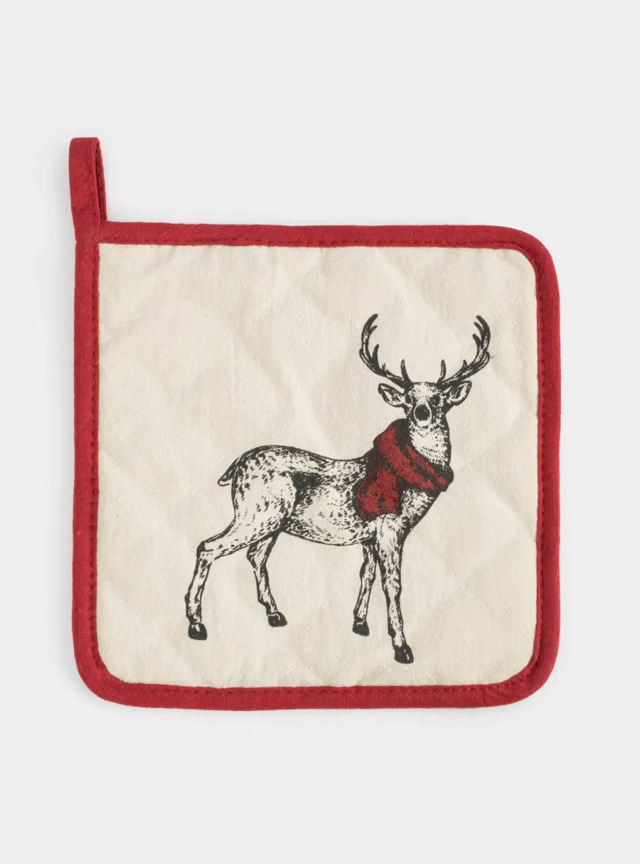 Прихватка, 20x20 см, хлопок, серо-бежевая, Олень в шарфе, Deer ,image-0