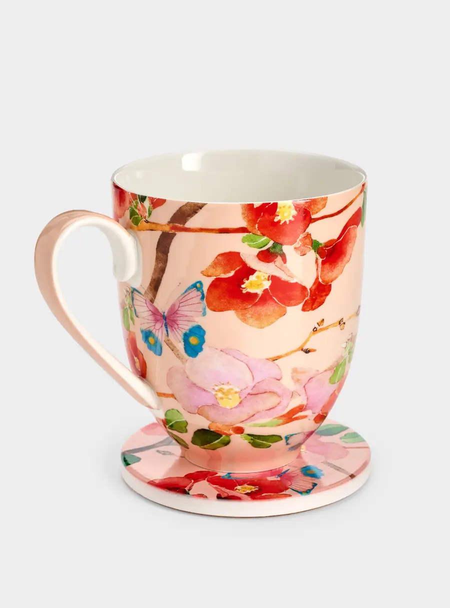 Кружка, 400 мл, с подставкой, Камелии на розовом, image-5