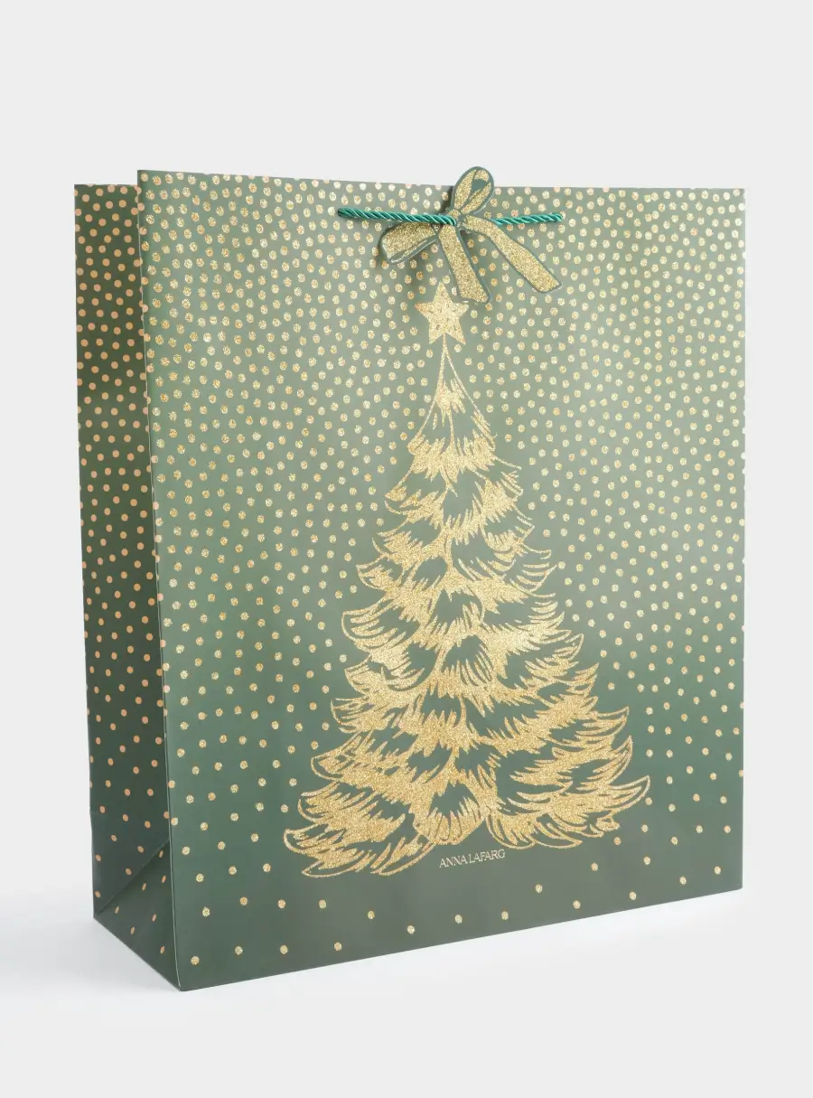 Пакет подарочный, 42х48 см, бумага, золотисто-зеленый, Елка, New year