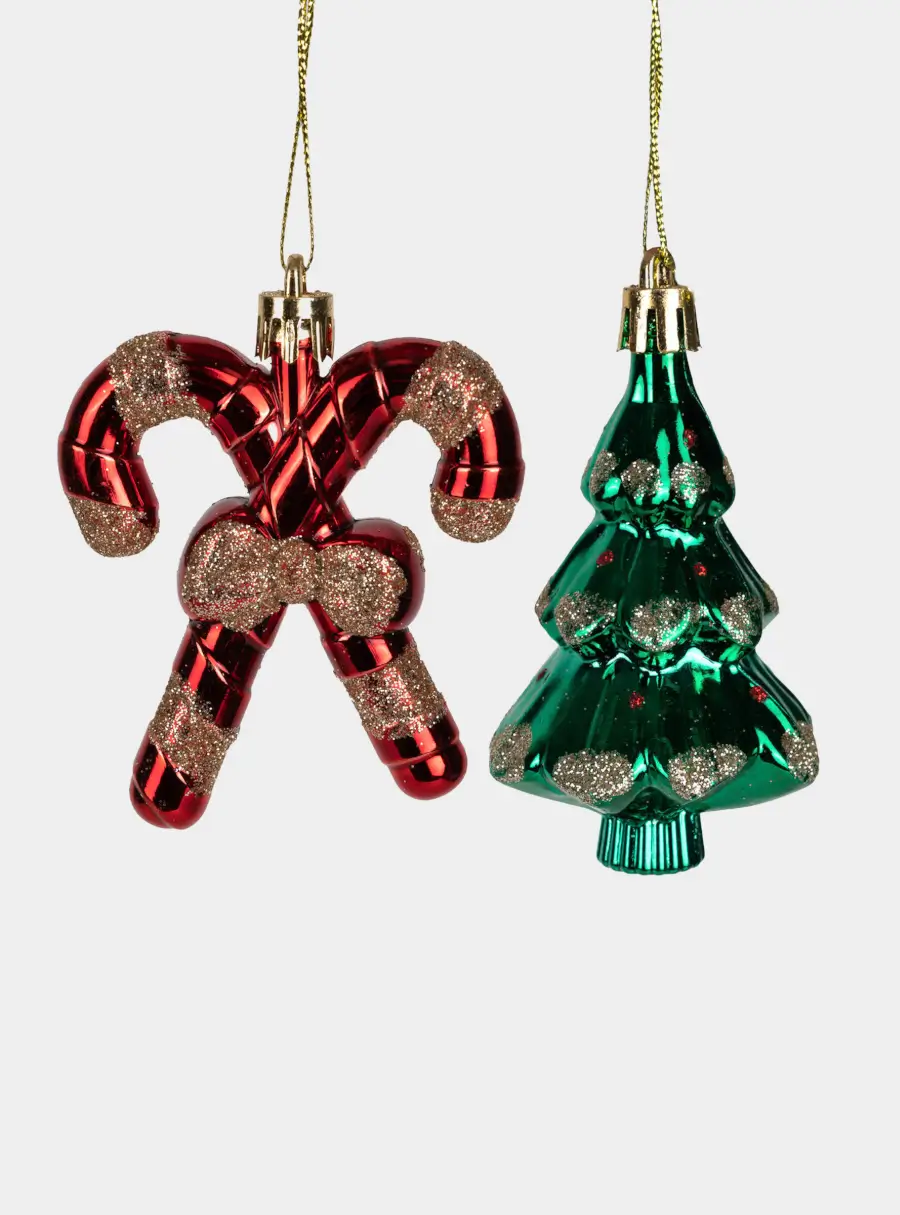 Набор елочных игрушек, 7 см, 2 шт, пластик, зеленый/красный, Елка и трость, New year ,image-0