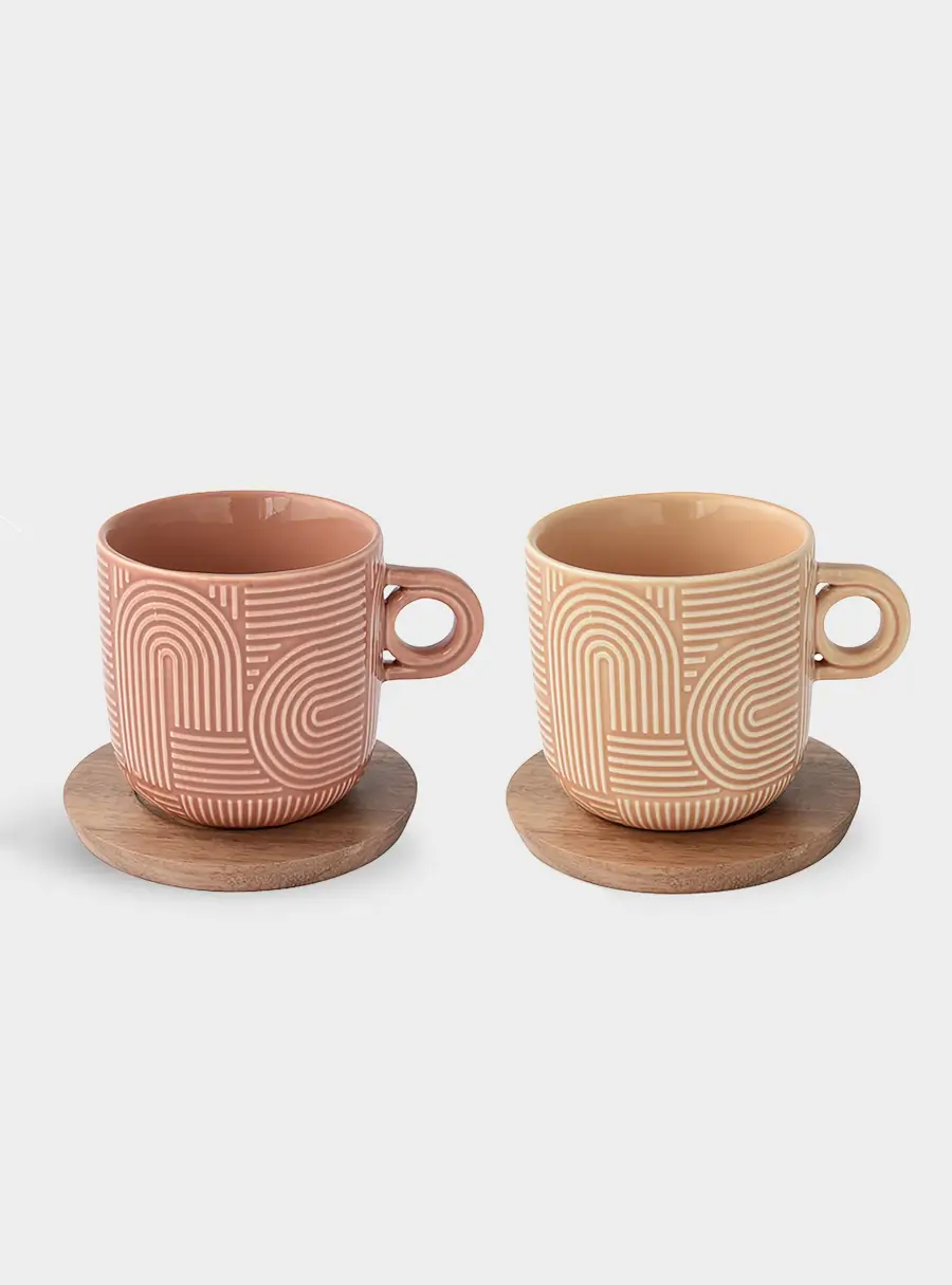 Набор чашек, 2 шт, 0.25 л, бежевый, коричневый, на подставке, акация,  Радуга ,image-0