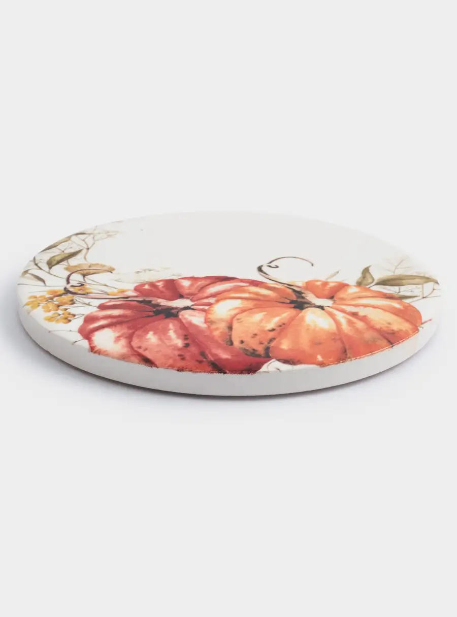 Подставка под кружку, 11 см, круглая, керамика/пробка, белая, Тыквы, Light pumpkin ,image-2