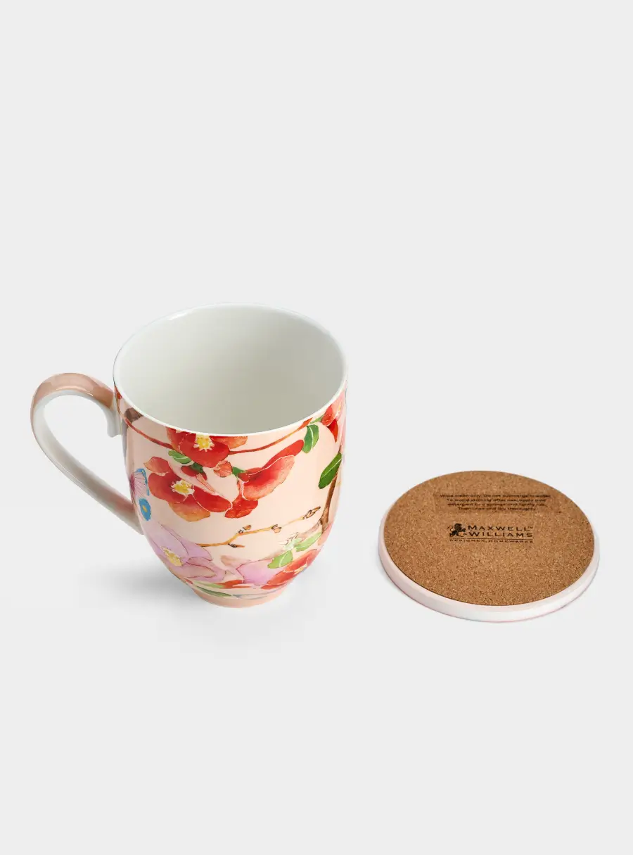 Кружка, 400 мл, с подставкой, Камелии на розовом, image-6