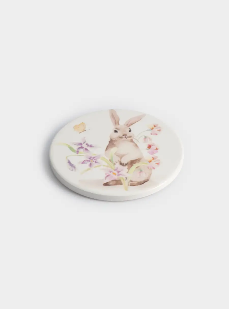 Подставка под кружку, 11 см, круглая, керамика/пробка, белая, Кролик в цветах, Flower Rabbit ,image-1