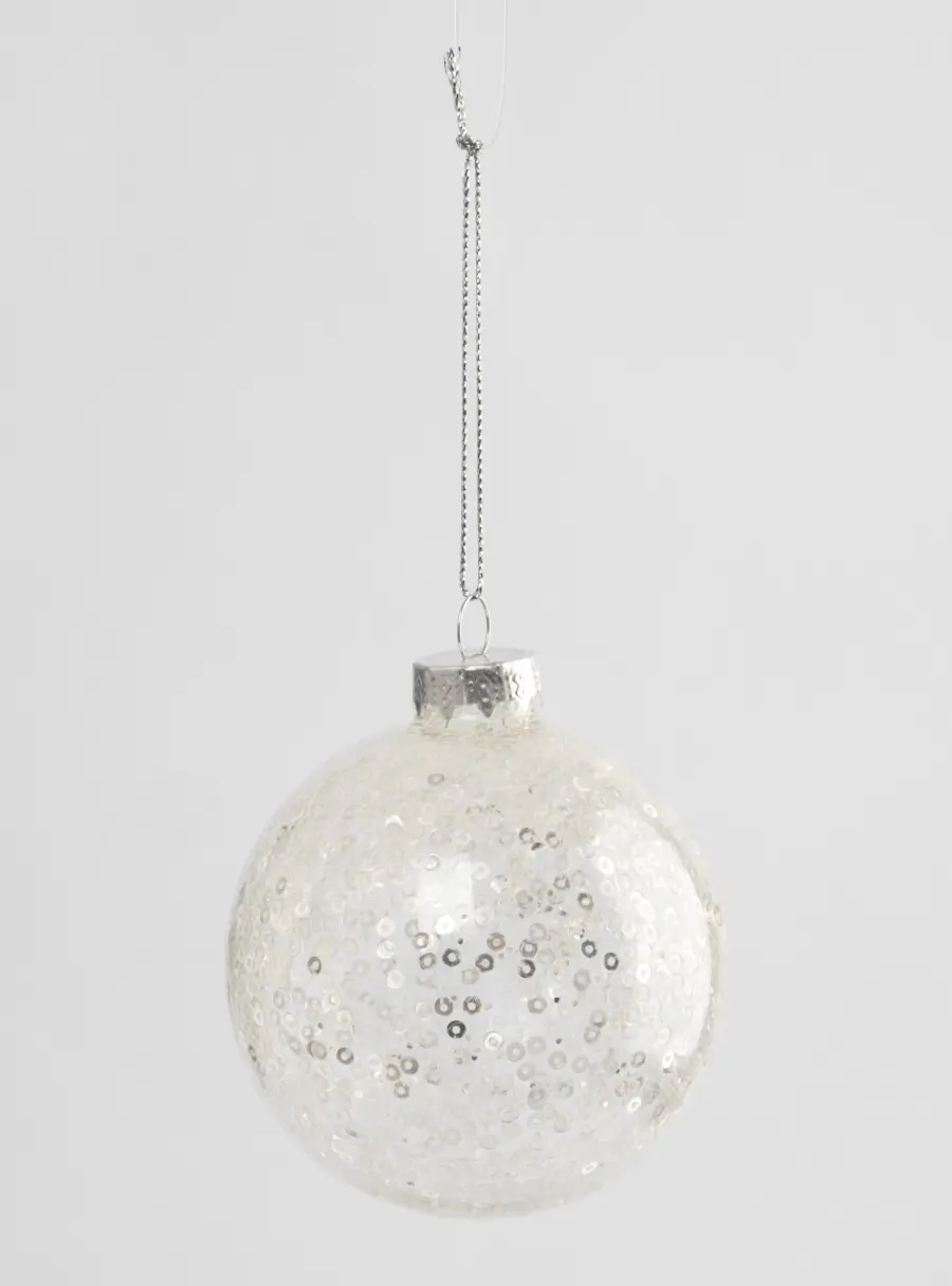 Игрушка елочная, 8 см, 2 шт, стекло/пайетки, серебристая, Шар с узором, New year, image-1