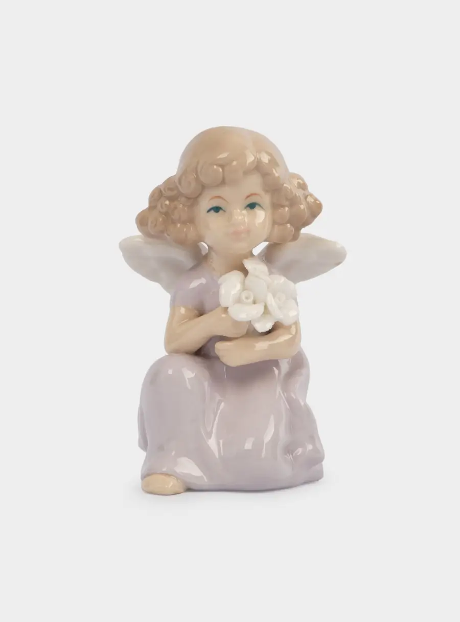 Статуэтка, 10 см, фарфор P, молочно-лиловая, Ангел с букетом, Lady ,image-0