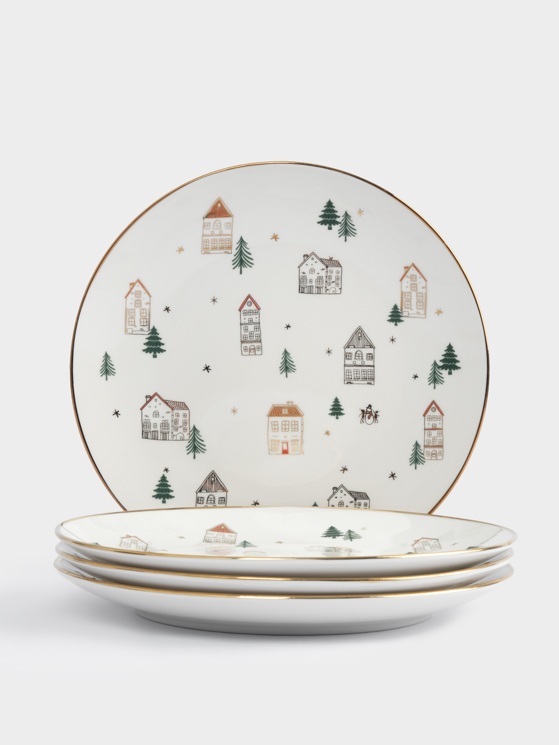Тарелка закусочная, 19 см, 4 шт, фарфор N, бело-золотистая, Домики и ели, Townlet, image-1