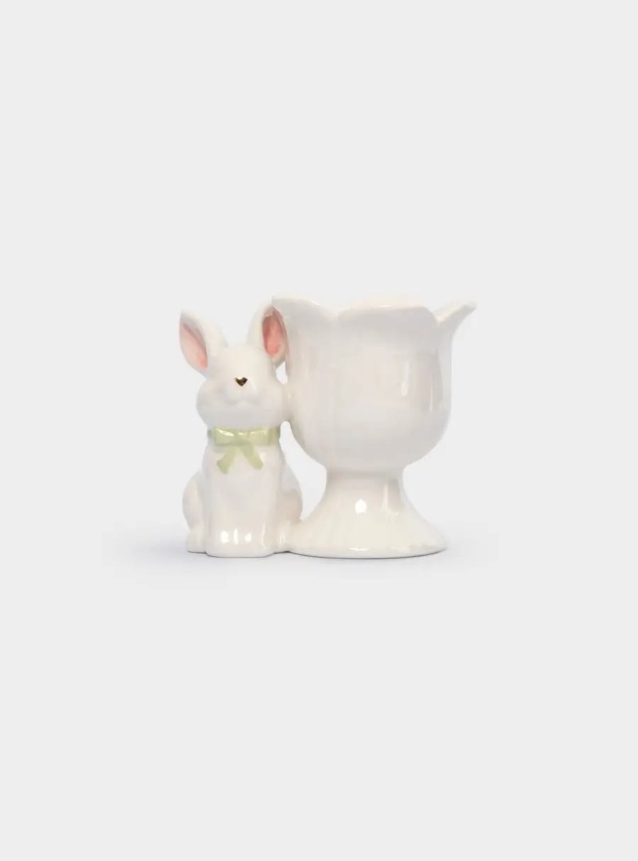 Подставка для яйца, 7 см, керамика, молочно-золотистая, Кролик с цветком, White Rabbit ,image-1
