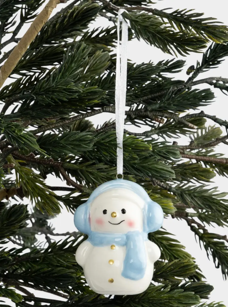 Игрушка елочная, 9 см, керамика, бело-голубая, Снеговик в наушниках и шарфе, Snowman, image-4