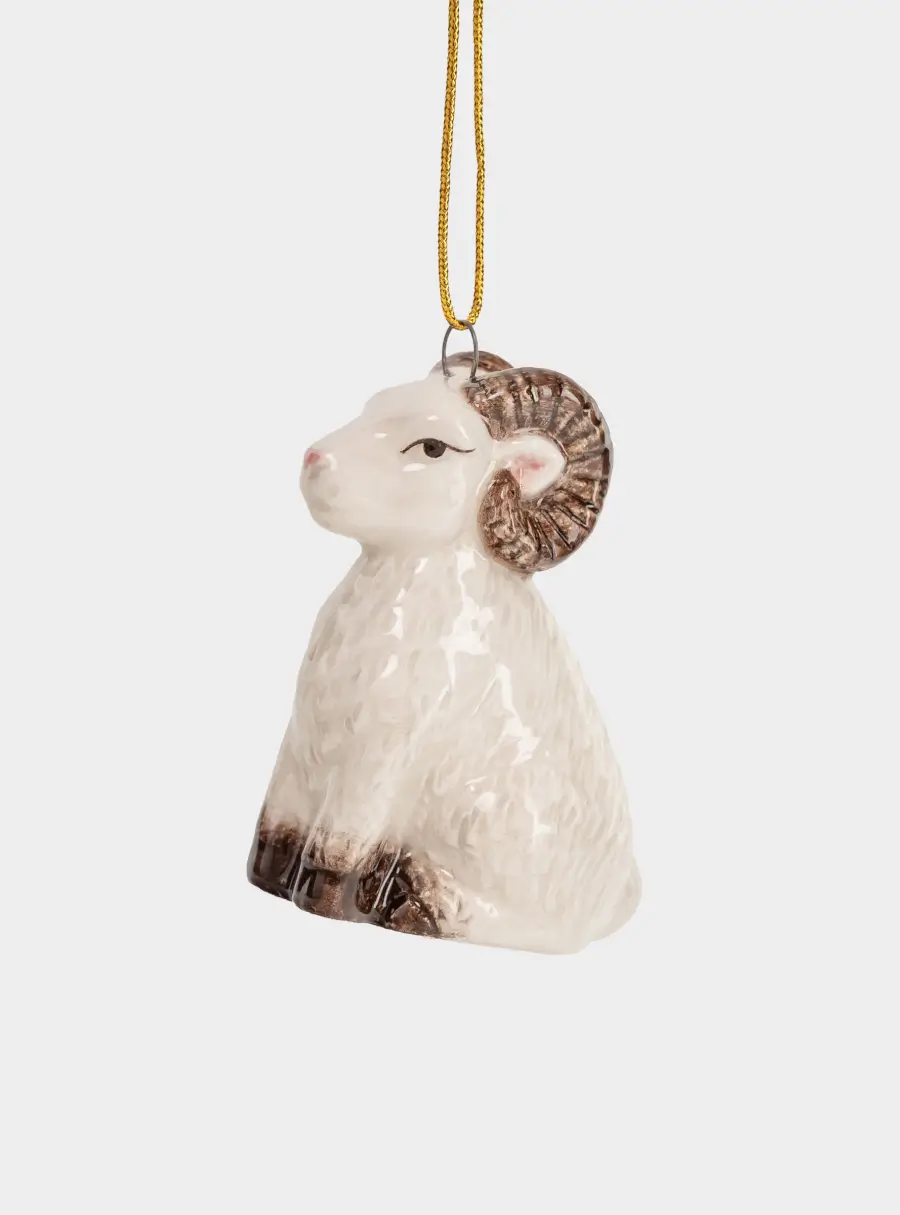 Игрушка елочная, 6 см, керамика D, бежево-золотистая, Баран с шаром, Sheep ,image-0
