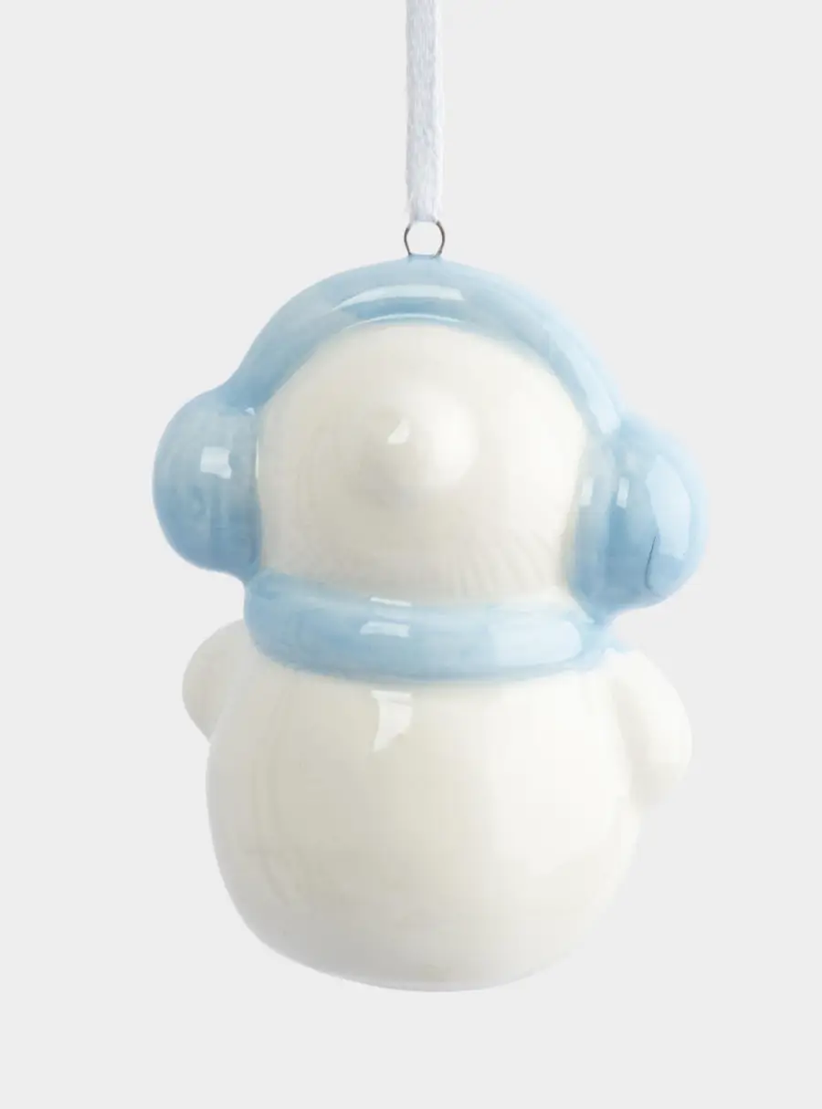 Игрушка елочная, 9 см, керамика, бело-голубая, Снеговик в наушниках и шарфе, Snowman, image-3
