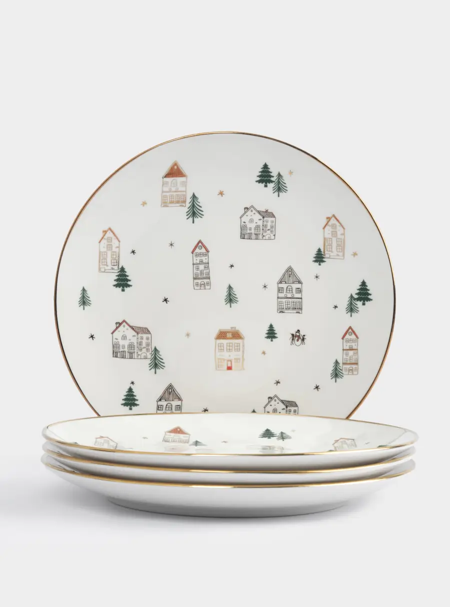 Тарелка закусочная, 19 см, 4 шт, фарфор N, бело-золотистая, Домики и ели, Townlet ,image-1