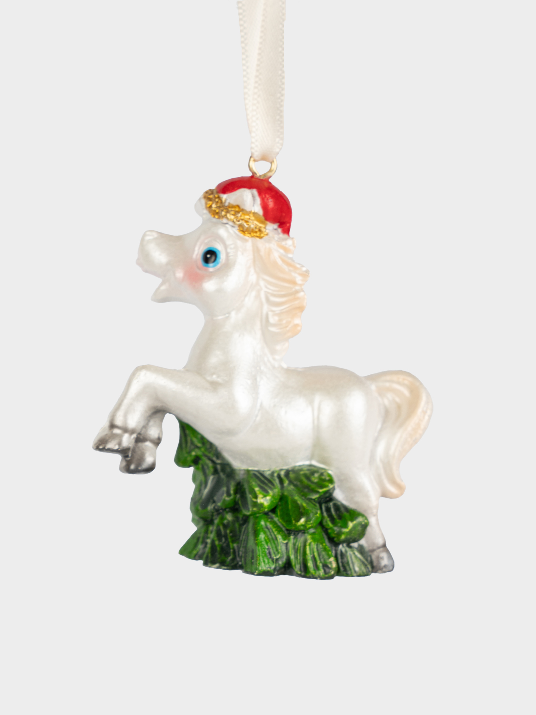 Игрушка елочная, 7 см, полирезин, бело-зеленая, Лошадка с елкой, Bright horse, image-0