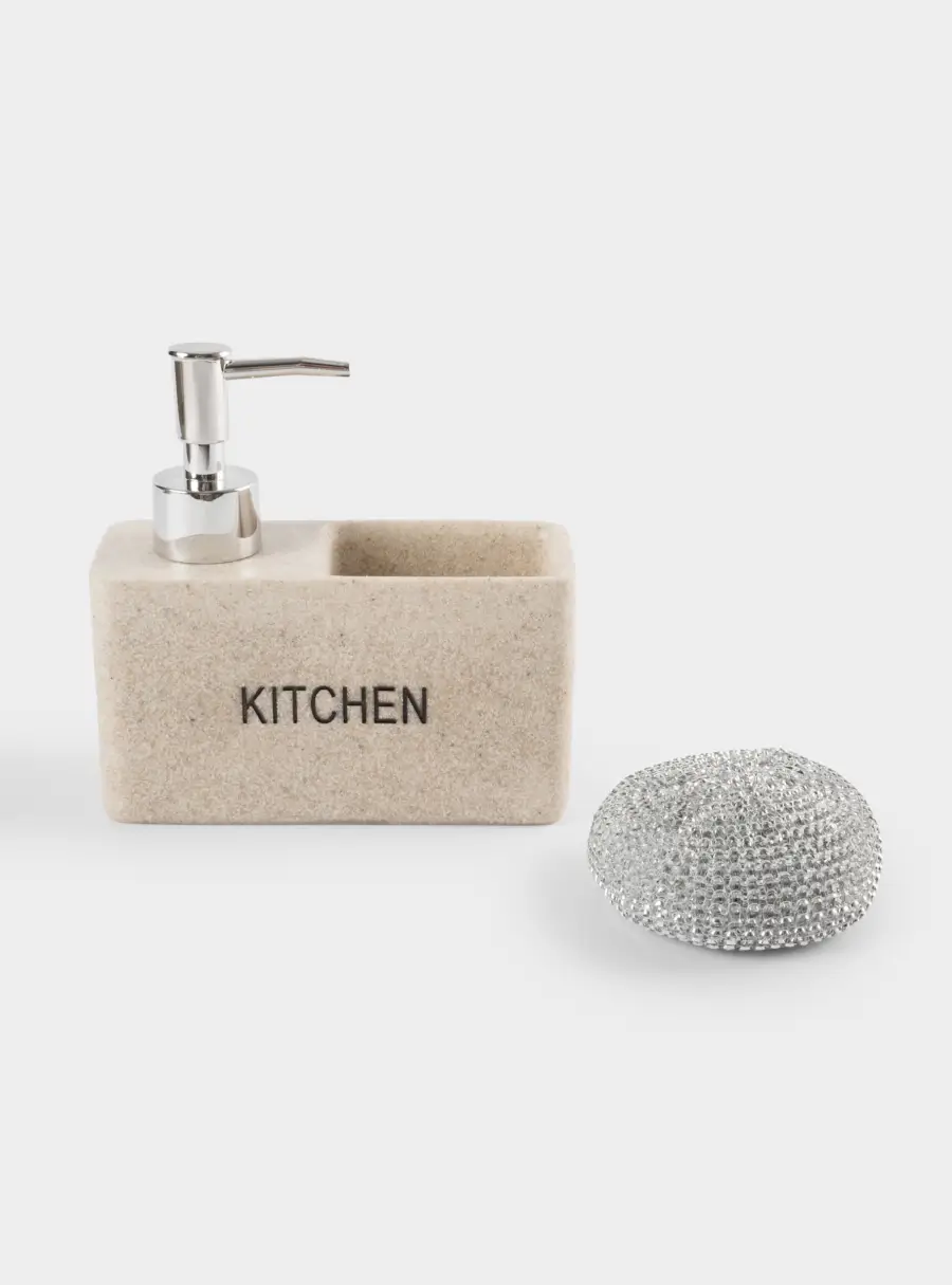 Диспенсер для моющего средства, 160 мл, органайзер, с губкой, полирезин/пластик, бежевый, Stone, image-4