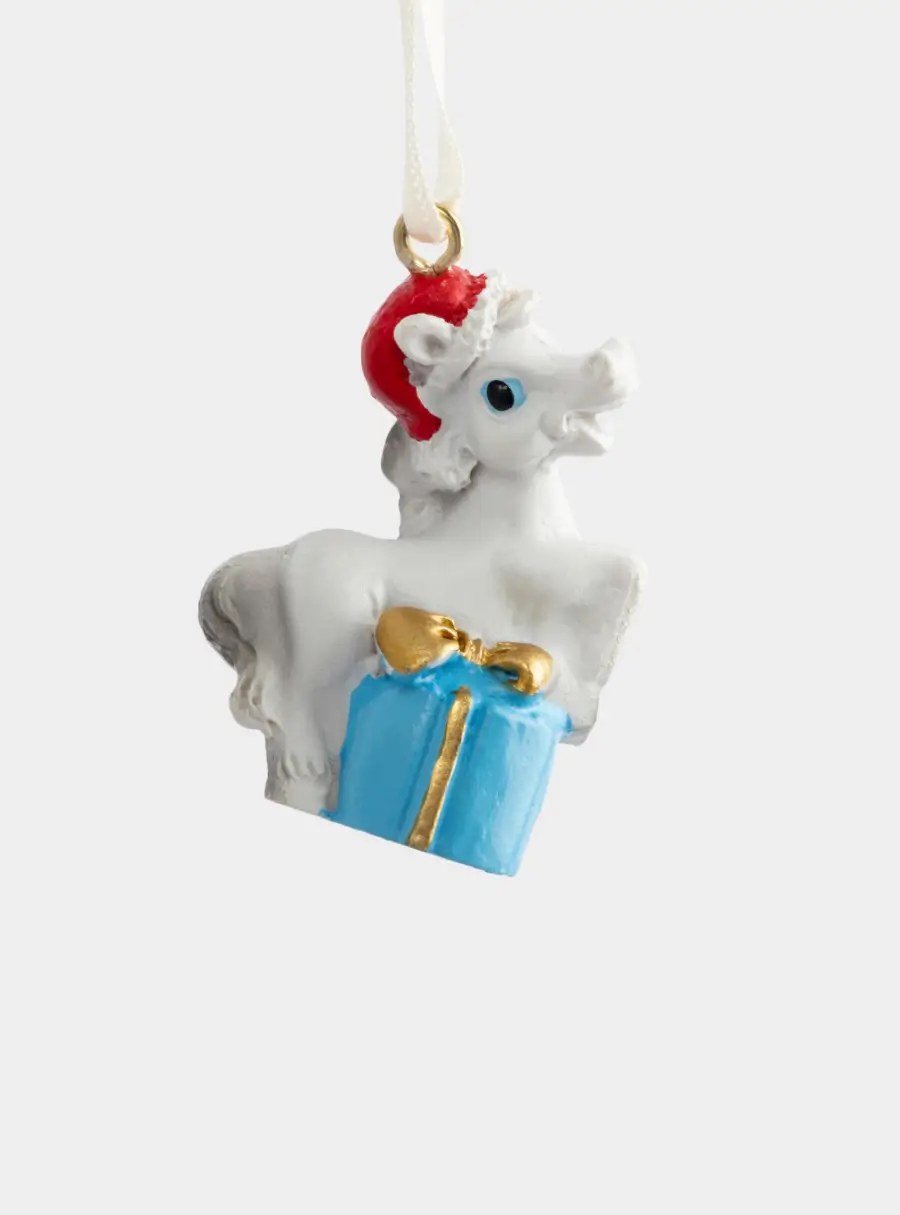 Игрушка елочная, 4 см, полирезин, бело-голубая, Лошадка с подарком, Bright horse ,image-0