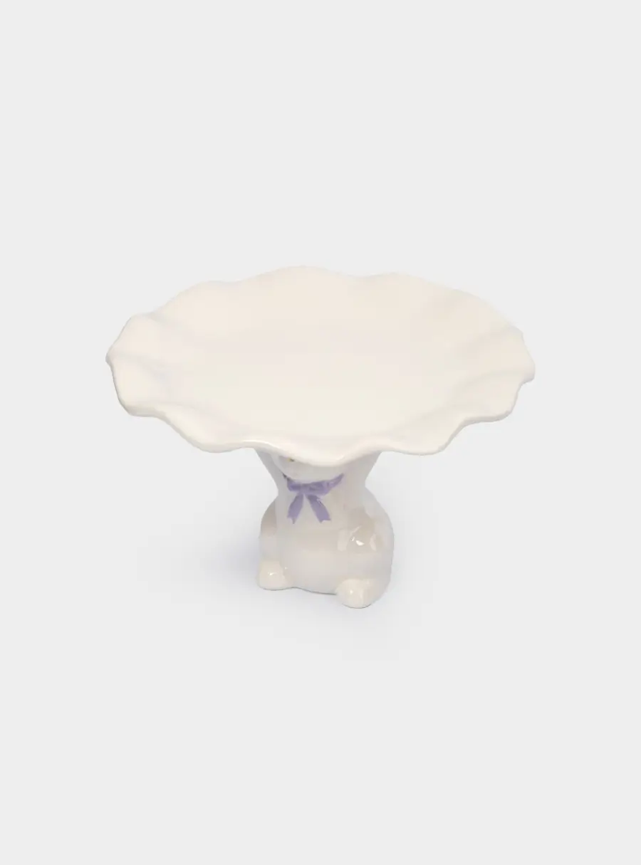 Блюдо на ножке, 19х12 см, керамика, молочно-золотистое, Кролик с бантом, White Rabbit ,image-1