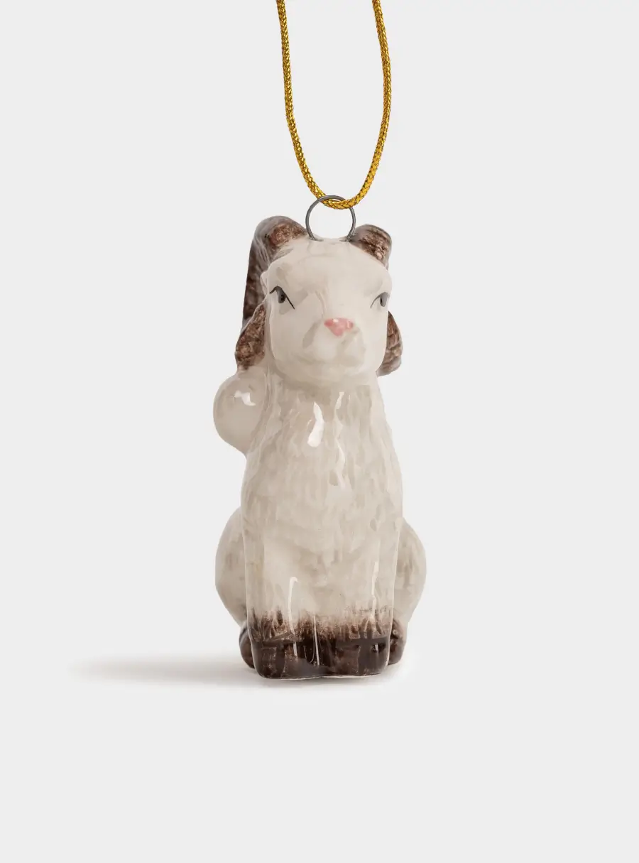 Игрушка елочная, 6 см, керамика D, бежево-золотистая, Баран с шаром, Sheep ,image-1
