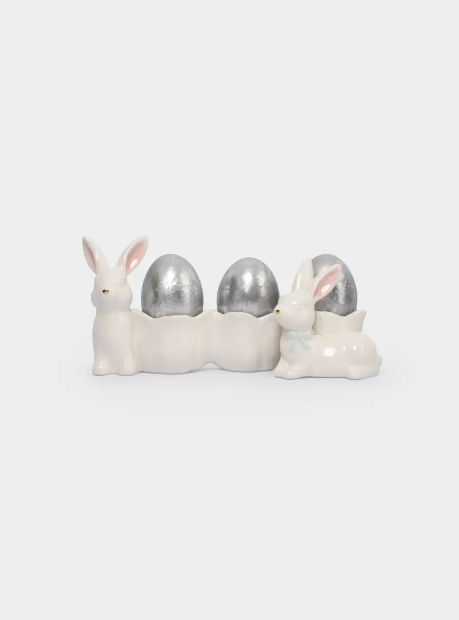 Блюдо пасхальное, 20х9 см, 3 отд, керамика, молочно-золотистое, Кролики с цветами, White Rabbit, image-6