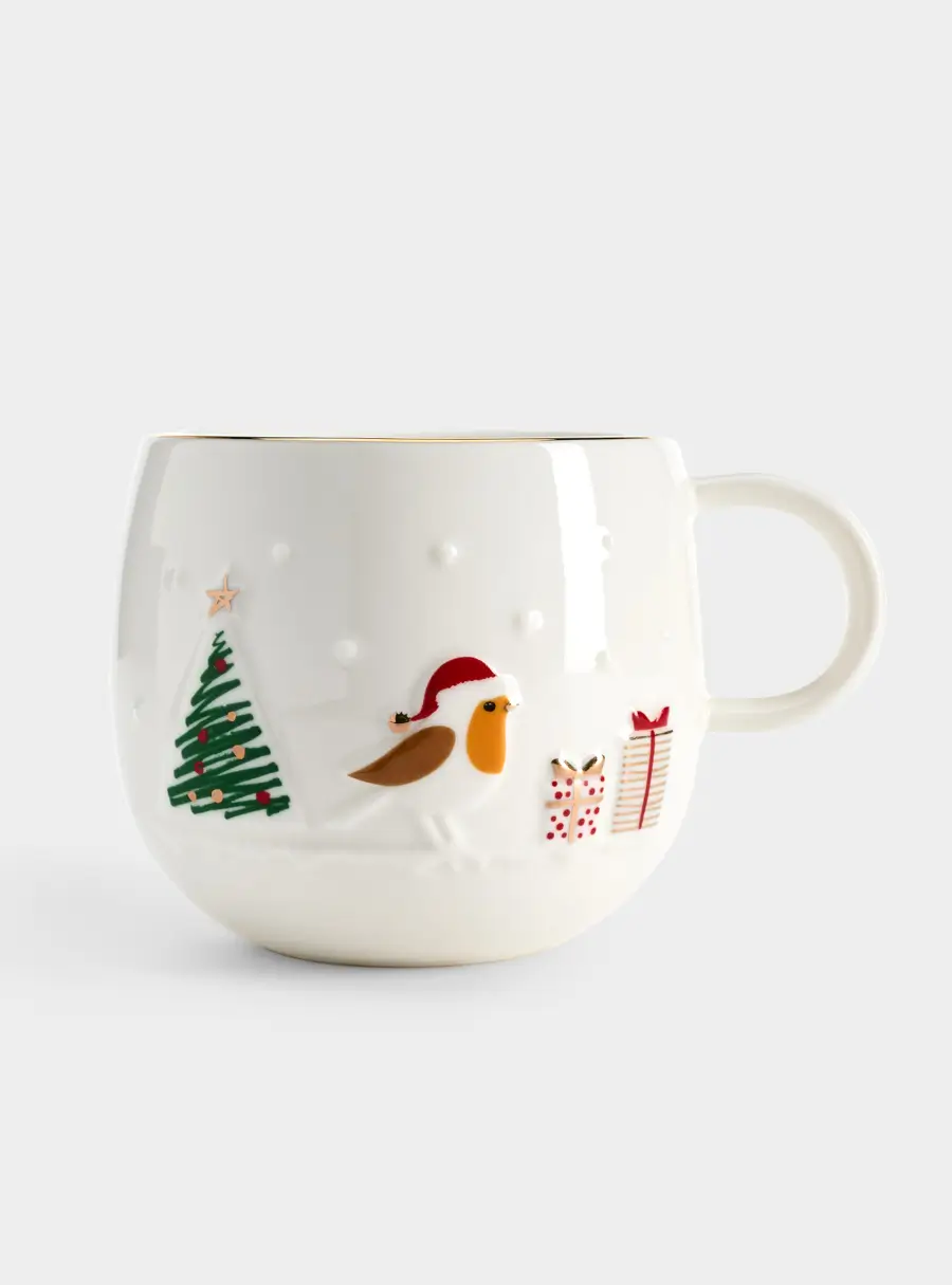 Кружка, 400 мл, фарфор P, белая, с золотым кантом, Птичка, Let It Snow ,image-1
