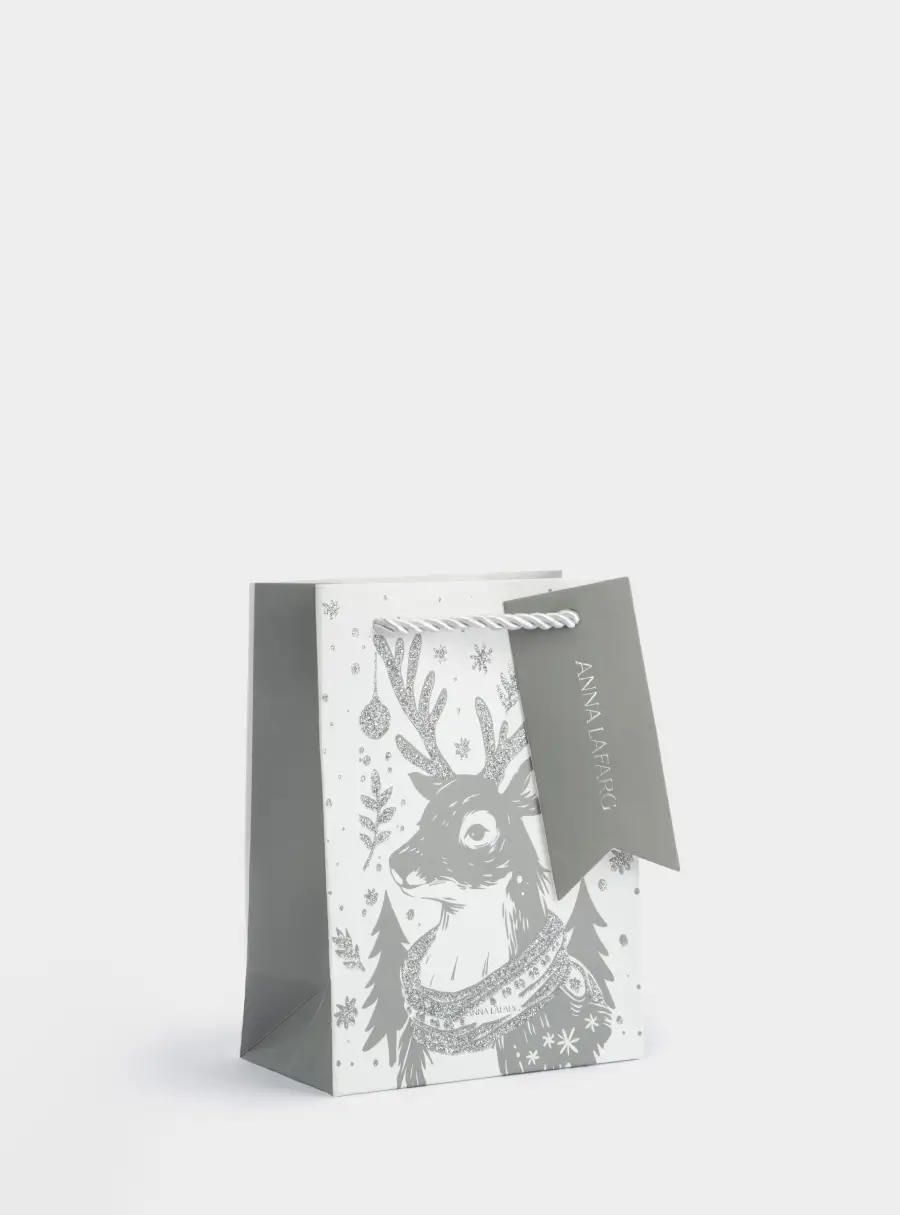Пакет подарочный, 12х16 см, бумага, белый, Олень в шарфе, Maral grey